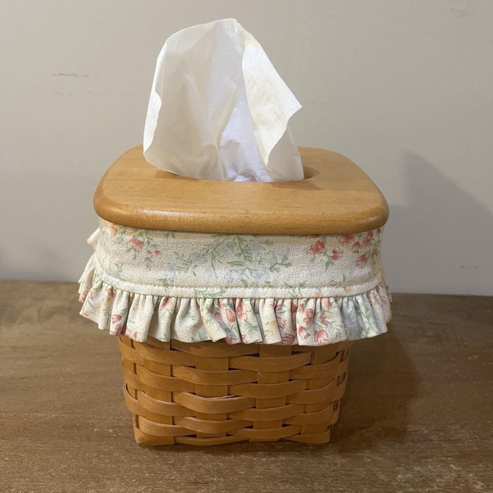 Longaberger 1997 Square Tissue Basket Wood Lid Floral Fabric Liner Signed USA